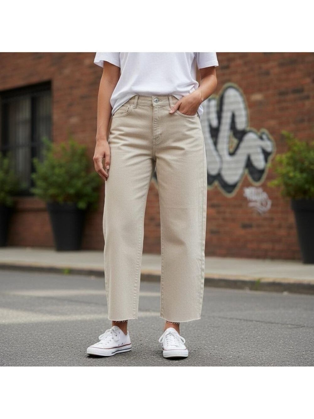 MANGO MNG Denim Rachel High Rise Loose Fit Crop Barrel Jeans - Beige US 12